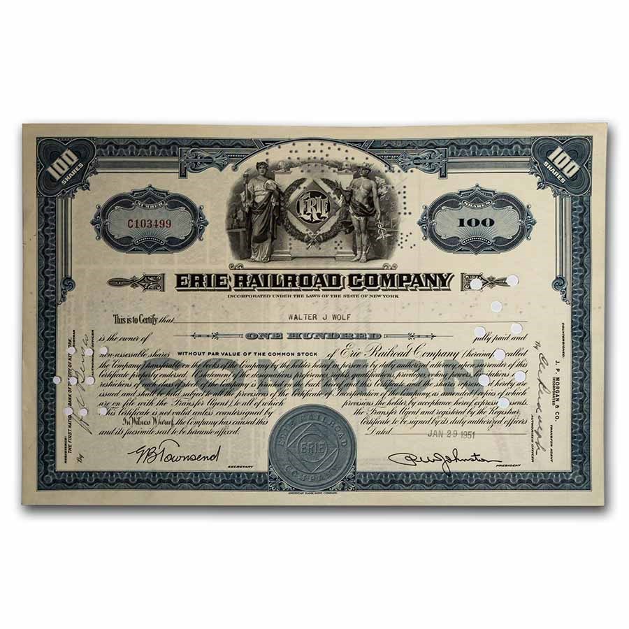 Erie Railroad Company Stock Certificate (Blue)
