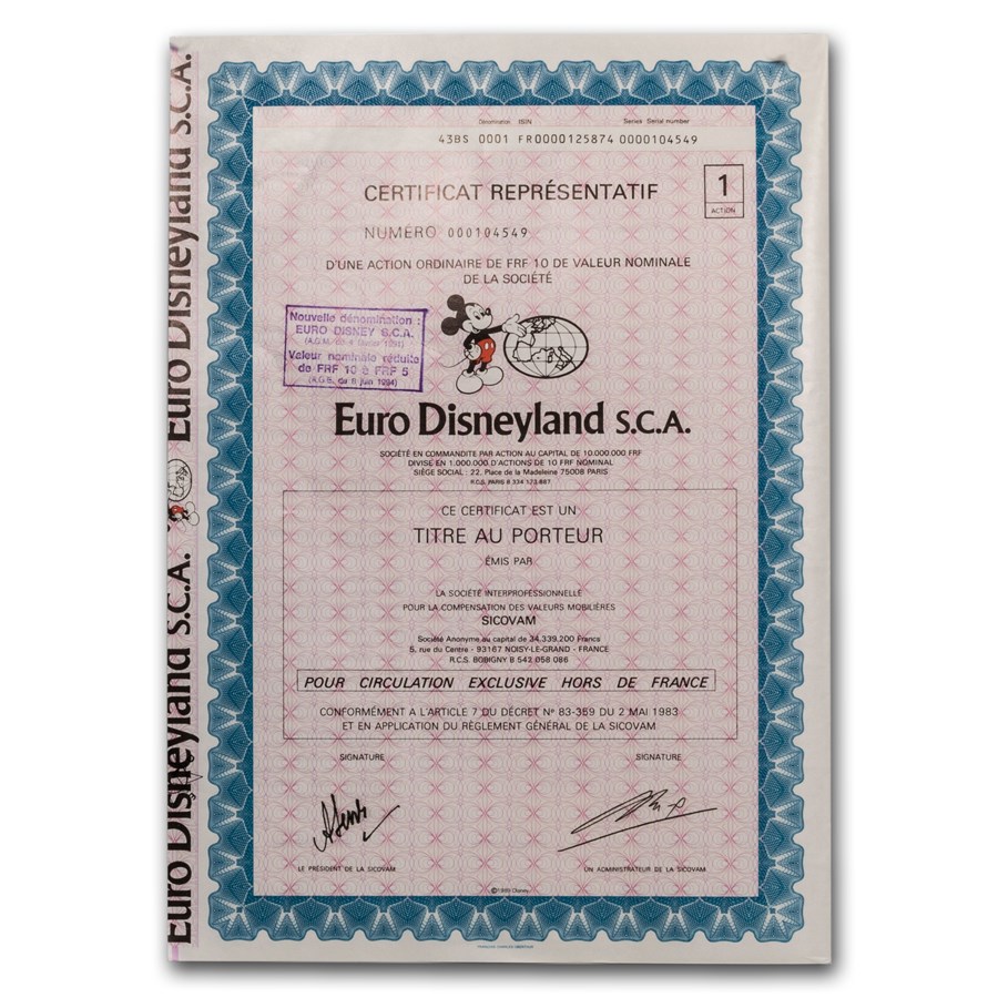 Euro Disneyland S.C.A. Stock Certificate