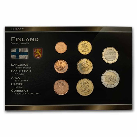 Finland 1 Cent-2 Euro 8-Coin Euro Set BU Finland 1 Cent-2 Euro 8-Coin Euro Set BU