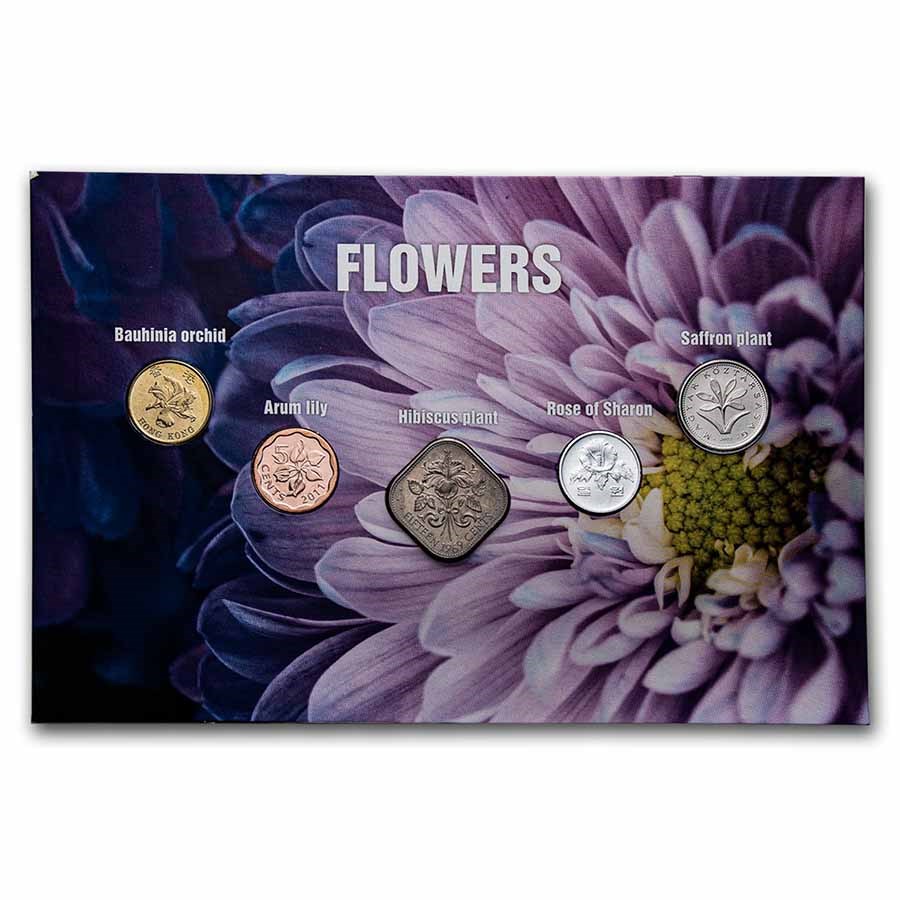 Flower Coins from Around the World 5-Coin Set BU