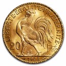 France Gold 20 Francs French Rooster Coin (1899-1914) AU