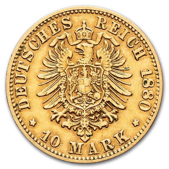 Germany Gold 10 Mark Bavaria Ludwig II (1872-1881) Avg Circ Germany Gold 10 Mark Bavaria Ludwig II (1872-1881) Avg Circ