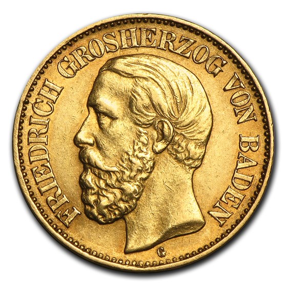 Germany Gold 10 Marks Baden Friedrich I (1875-1888) Avg Circ Germany Gold 10 Marks Baden Friedrich I (1875-1888) Avg Circ