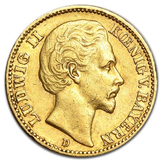 Germany Gold 20 Marks Bavaria Ludwig II (1872-1878) Avg Circ Germany Gold 20 Marks Bavaria Ludwig II (1872-1878) Avg Circ