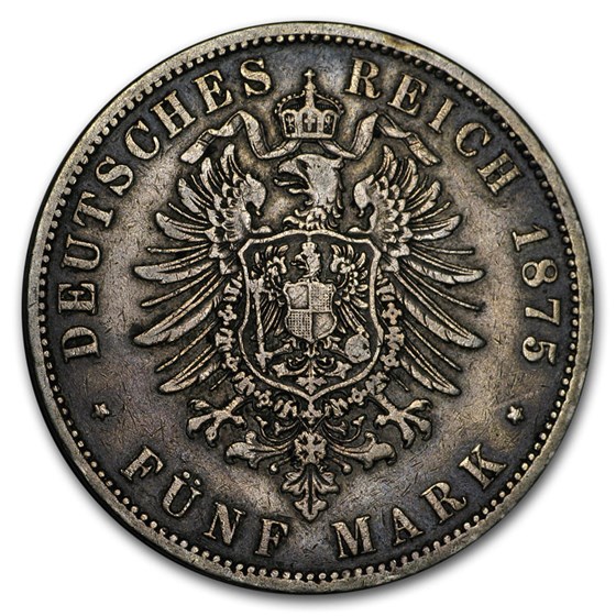 Germany Silver 5 Mark Prussia Wilhelm I (1874-1876) Avg Circ Germany Silver 5 Mark Prussia Wilhelm I (1874-1876) Avg Circ