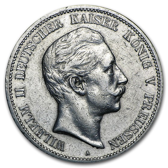 Germany Silver 5 Mark Prussia Wilhelm II (1891-1912) Avg Circ Germany Silver 5 Mark Prussia Wilhelm II (1891-1912) Avg Circ