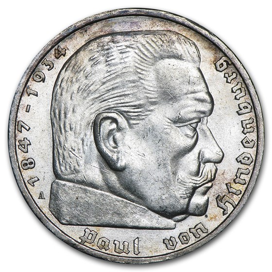 Germany Silver 5 Marks Hindenburg AU Germany Silver 5 Marks Hindenburg AU
