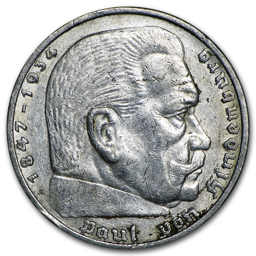 Germany Silver 5 Reichsmark Hindenburg (1935-1936) Avg Circ