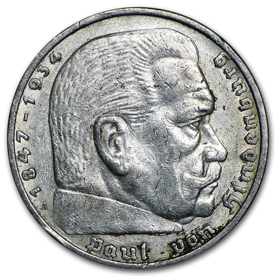 Germany Silver 5 Reichsmark Hindenburg (1935-1936) Avg Circ Germany Silver 5 Reichsmark Hindenburg (1935-1936) Avg Circ