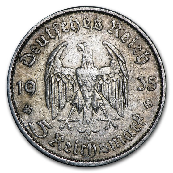 Germany Silver 5 Reichsmarks Potsdam (1934-1935) Avg Circ