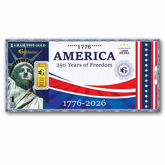 Goldnote® 1 Gram .9999 Gold Bar Note 250 Years of Freedom