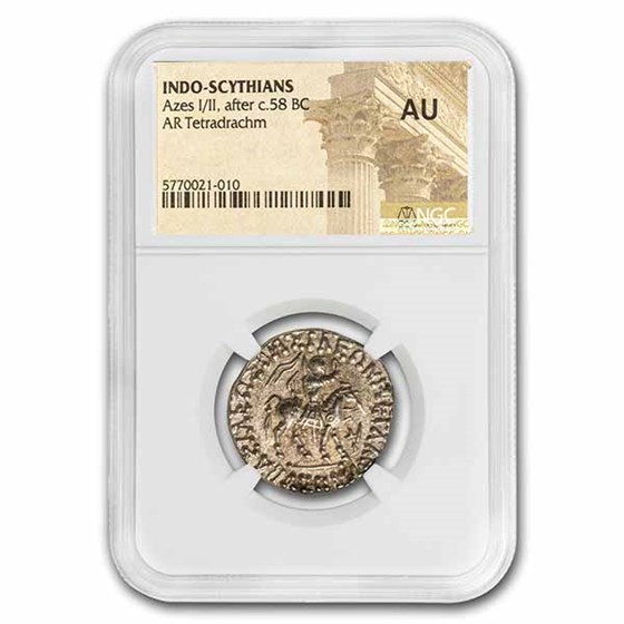 Indo Scythian AR Tetradrachm Azes I/II (c.58 BC) AU NGC Indo Scythian AR Tetradrachm Azes I/II (c.58 BC) AU NGC