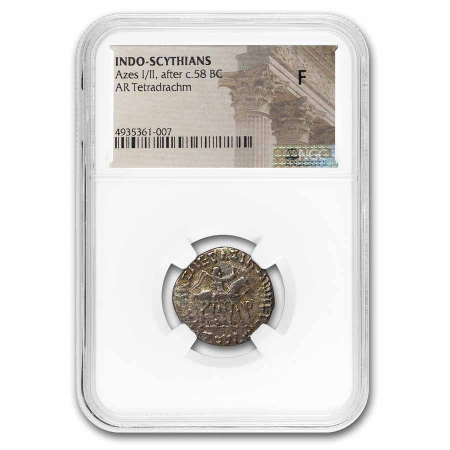 Indo-Scythian AR Tetradrachm Azes I/II c.58 BC Fine NGC