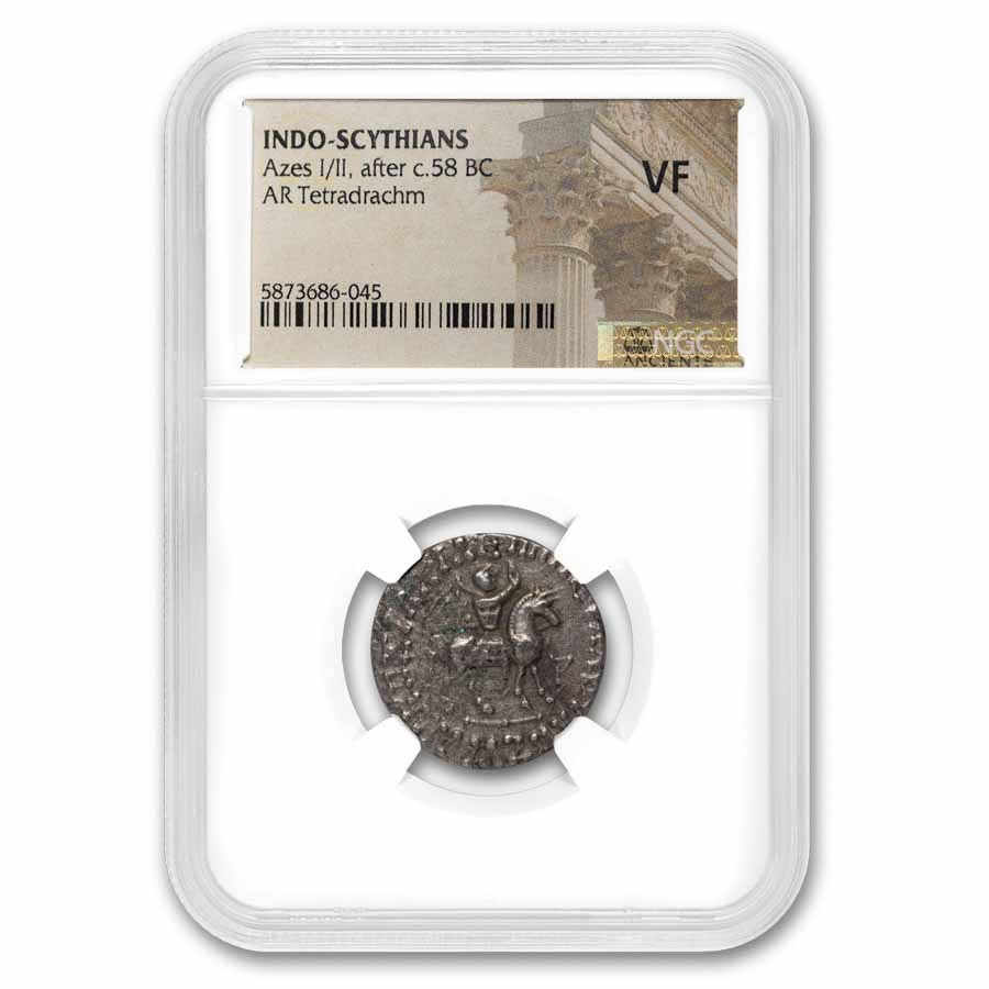 Indo-Scythian AR Tetradrachm Azes I/II c.58 BC VF NGC
