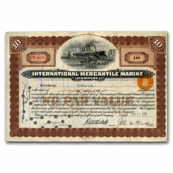 Int. Mercantile Marine Co. "Titanic" Newer Stock Cert (Brown) Int. Mercantile Marine Co. "Titanic" Newer Stock Cert (Brown)