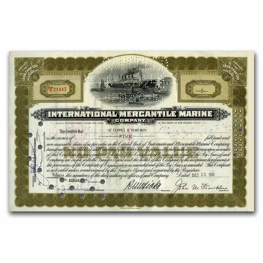 Int. Mercantile Marine Co. "Titanic" Newer Stock Cert (Olive)