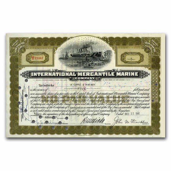 Int. Mercantile Marine Co. "Titanic" Newer Stock Cert (Olive) Int. Mercantile Marine Co. "Titanic" Newer Stock Cert (Olive)