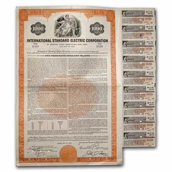 International Standard Electric Corp. Bond Certificate (Orange) International Standard Electric Corp. Bond Certificate (Orange)