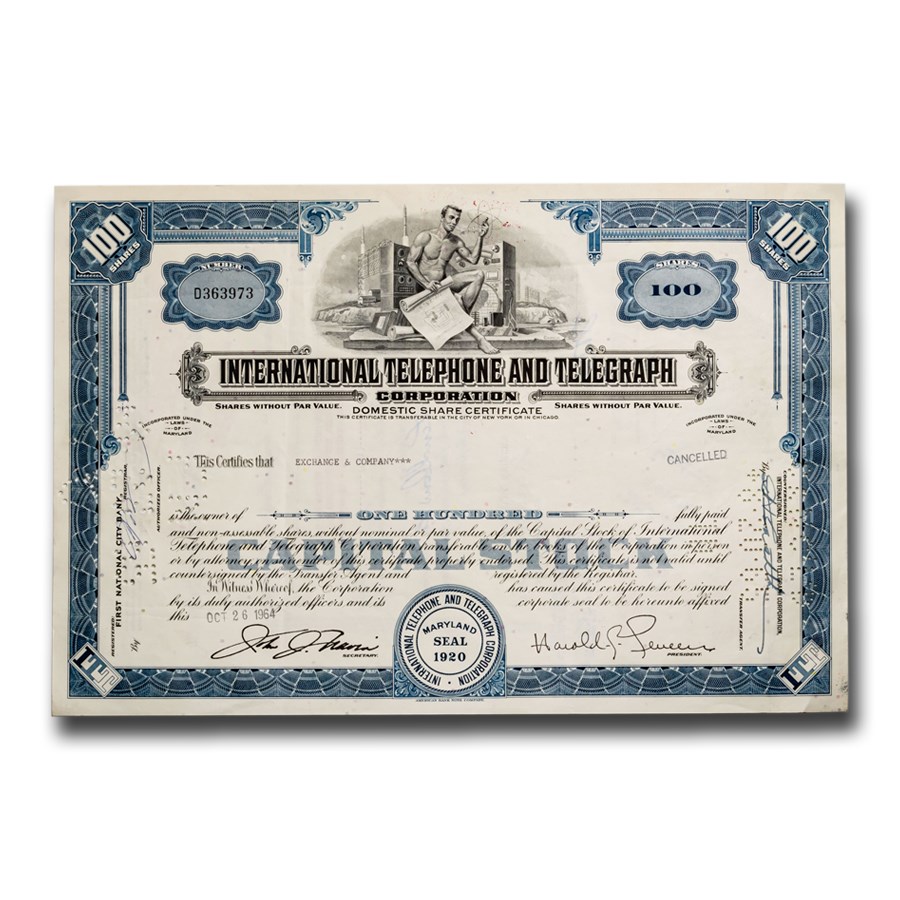 International Telephone and Telegraph Corp Stock Cert (Blue)