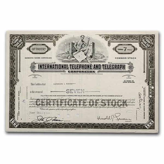 International Telephone and Telegraph Corp Stock Cert (Gray)