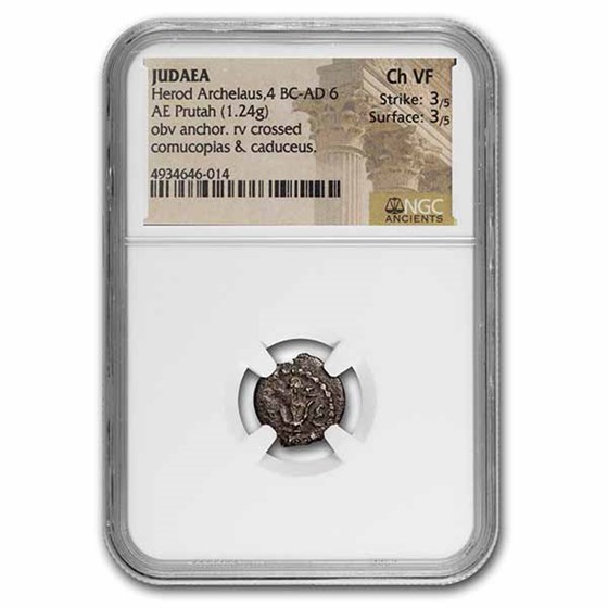 Judaea Herod Archelaus AE Prutah 4 BC- 6 AD Fine NGC Hendin-1193 Judaea Herod Archelaus AE Prutah 4 BC- 6 AD Fine NGC Hendin-1193