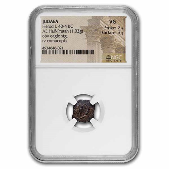 Judaea Herod I AE Half Prutah (40-4 BC) VG NGC (Hendin-501) Judaea Herod I AE Half Prutah (40-4 BC) VG NGC (Hendin-501)