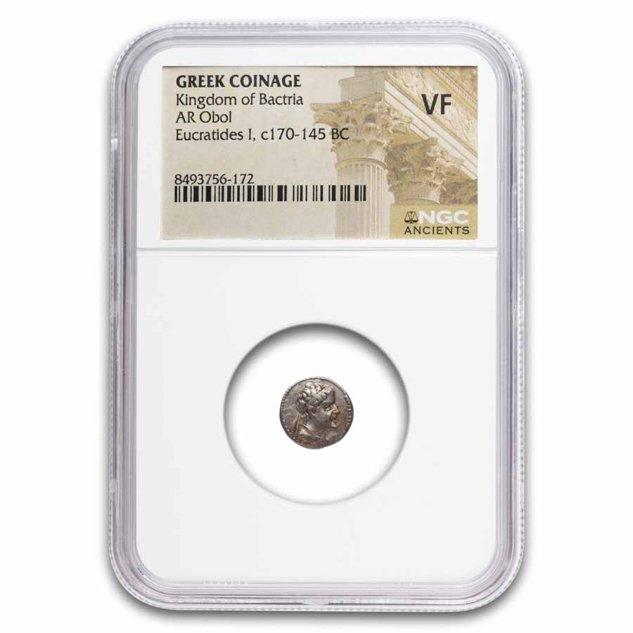 Kingdom of Bactria AR Obol Eukratides I (170-145 BC) VF NGC