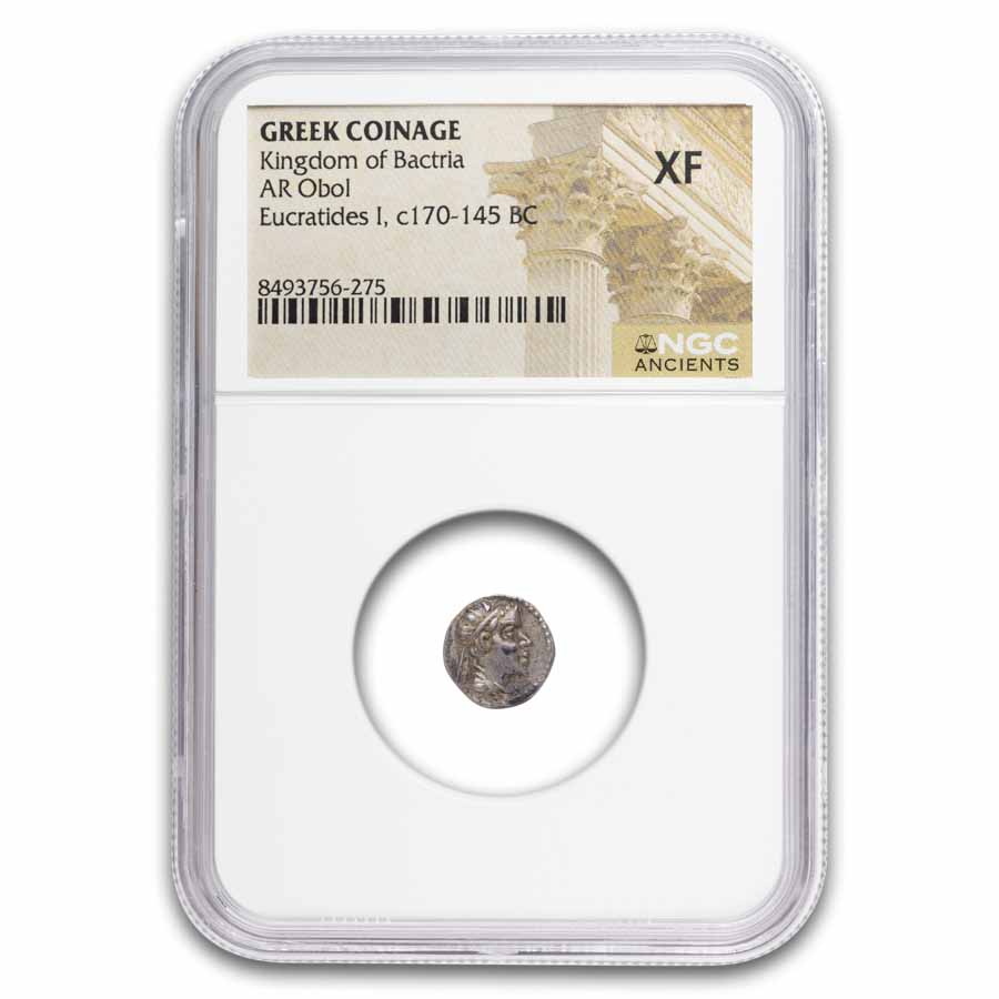 Kingdom of Bactria AR Obol Eukratides I 170-145 BC, XF NGC
