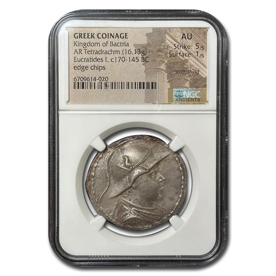 Kingdom of Bactria AR Tetradrachm (170-145 BC) AU NGC Kingdom of Bactria AR Tetradrachm (170-145 BC) AU NGC