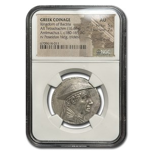Kingdom of Bactria AR Tetradrachm Antimachus (180-165 BC) AU NGC
