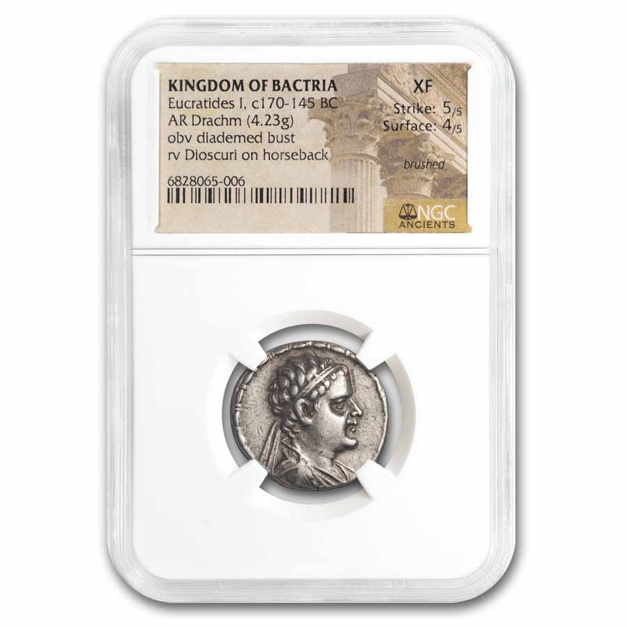 Kingdom of Bactria Eucratides I AR Drachm (170-145 BC) XF NGC