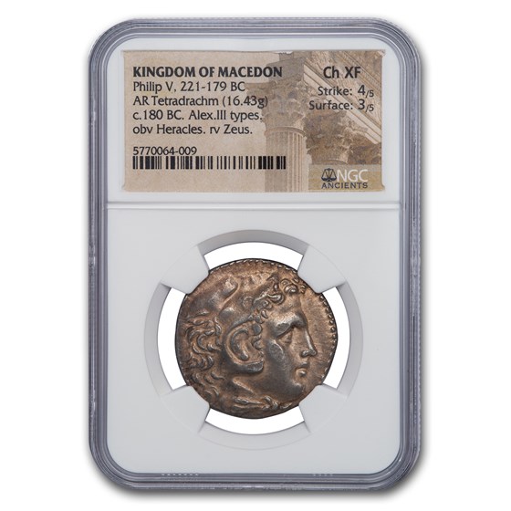 Kingdom of Macedon AR Tetradrachm Philip V (221-179 BC) Ch XF NGC Kingdom of Macedon AR Tetradrachm Philip V (221-179 BC) Ch XF NGC
