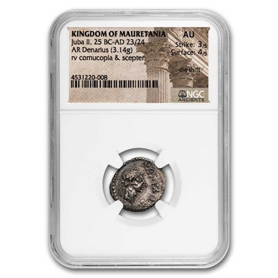 Kingdom of Mauretania AR Denarius 25 BC-23/24 AU NGC Kingdom of Mauretania AR Denarius 25 BC-23/24 AU NGC