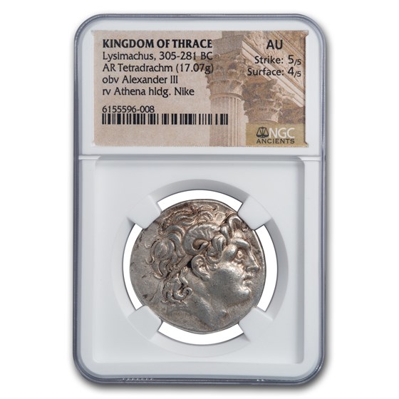Kingdom of Thrace AR Tetradrachm Lysimachus (305-281 BC) AU NGC Kingdom of Thrace AR Tetradrachm Lysimachus (305-281 BC) AU NGC