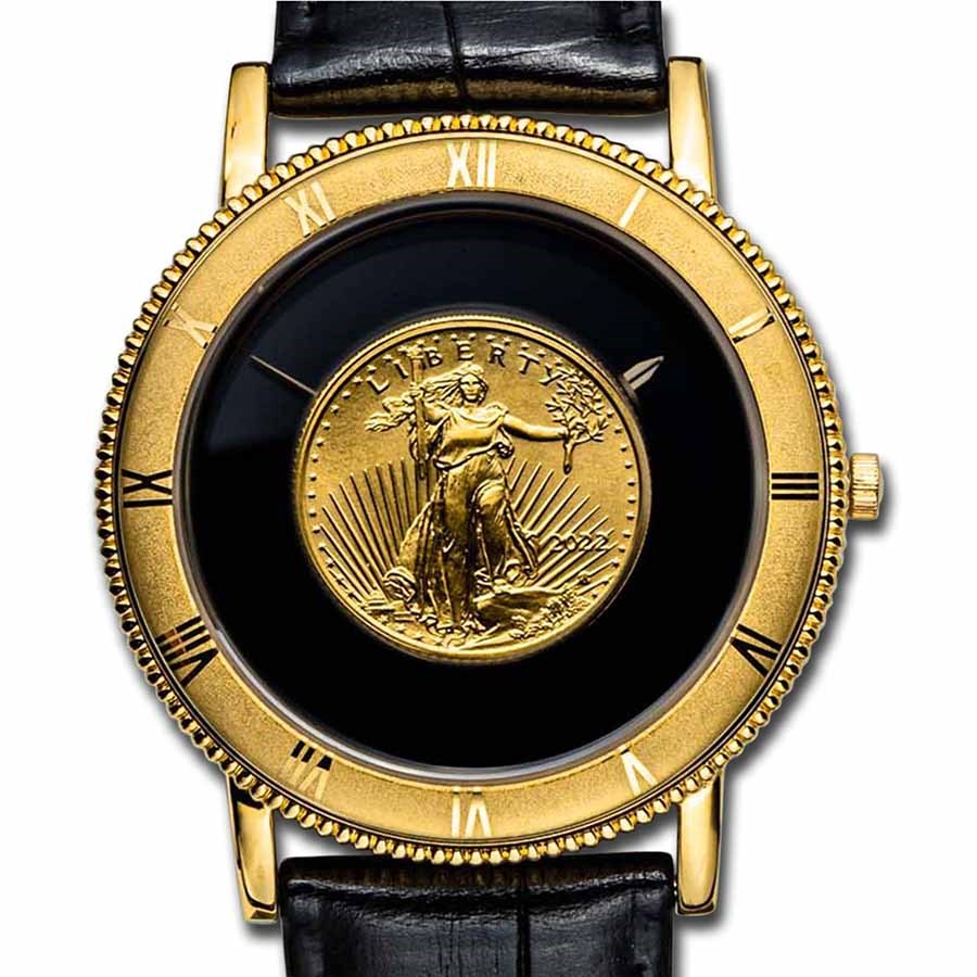 Ladies 2022 1/10 oz Gold American Eagle Leather Band Watch