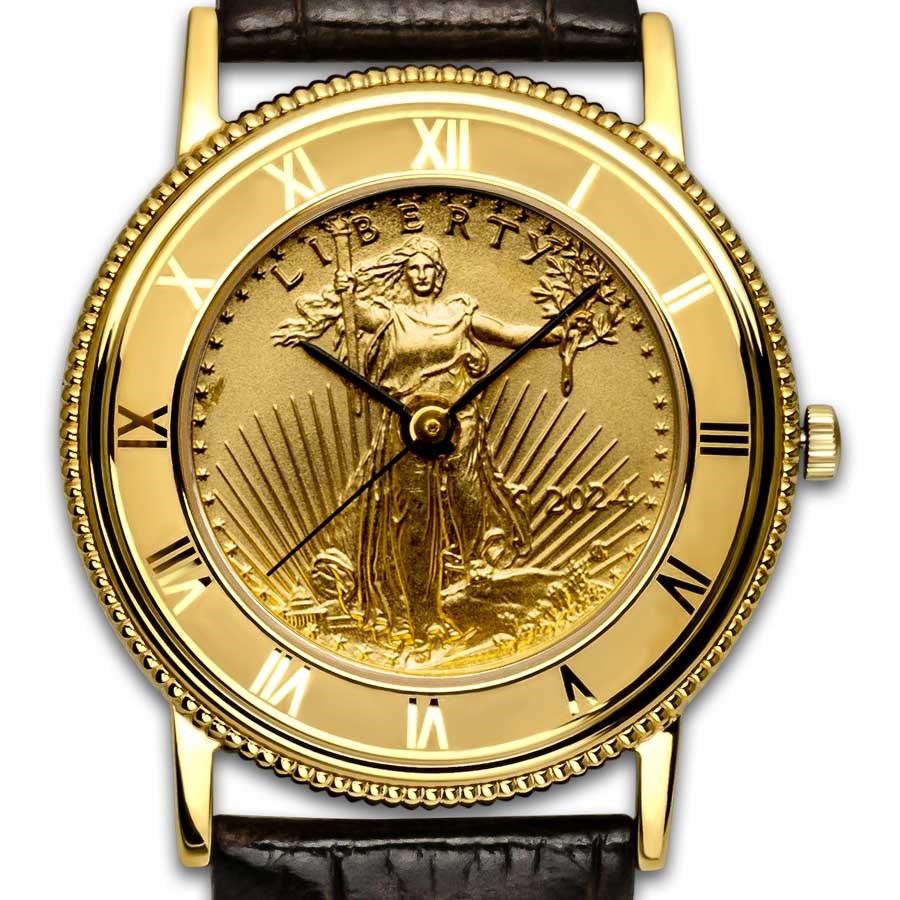 Ladies 2024 1/10 oz Gold American Eagle Leather Band Watch