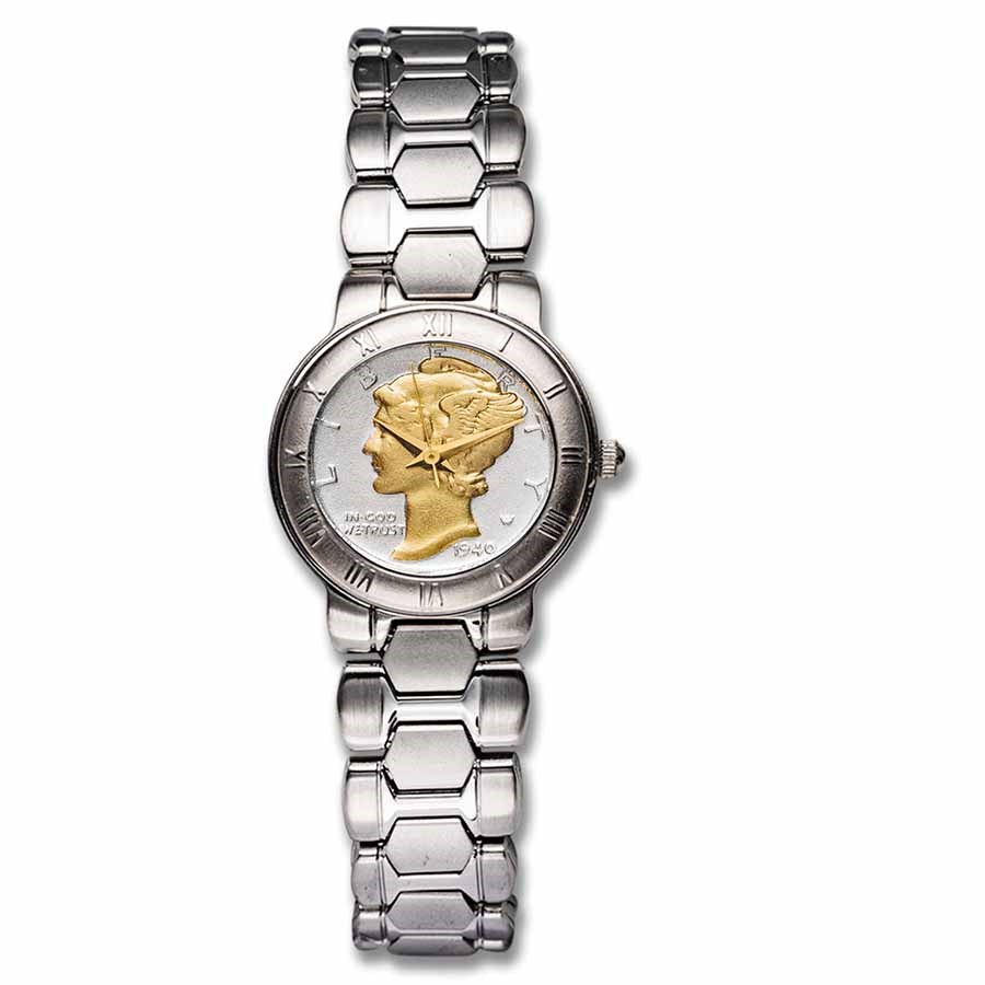 Ladies Gilded Mercury Dime Stainless Steel Bracelet Watch