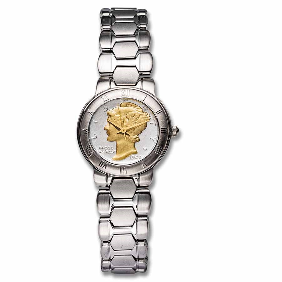 Ladies Gilded Mercury Dime Stainless Steel Bracelet Watch