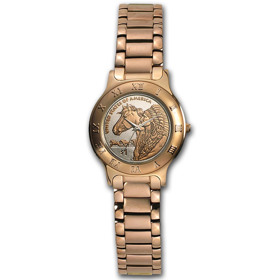 Ladies Native American Horse Rose Gold Coin Watch