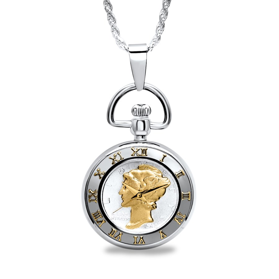 Ladies Sterling Silver Rope Chain U.S. Mercury Dime Pendant Watch