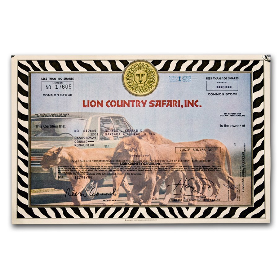 Lion Country Safari, Inc. Stock Certificate (1980)