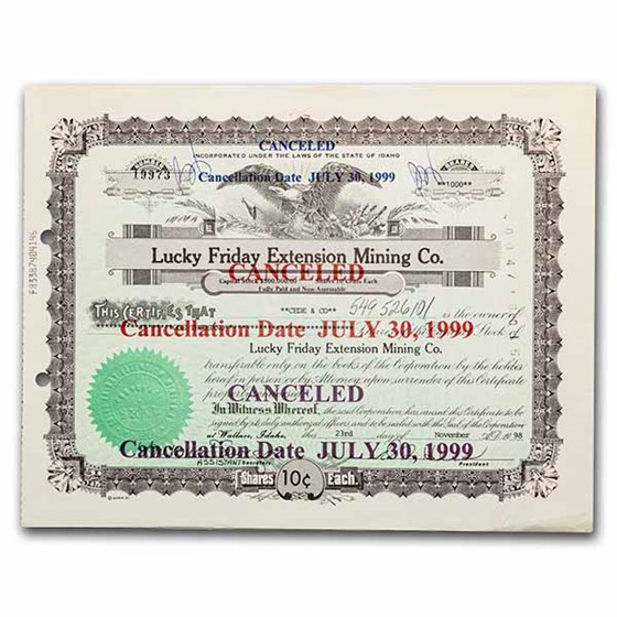 Lucky Friday Extension Mining Co. Stock Certificate Lucky Friday Extension Mining Co. Stock Certificate