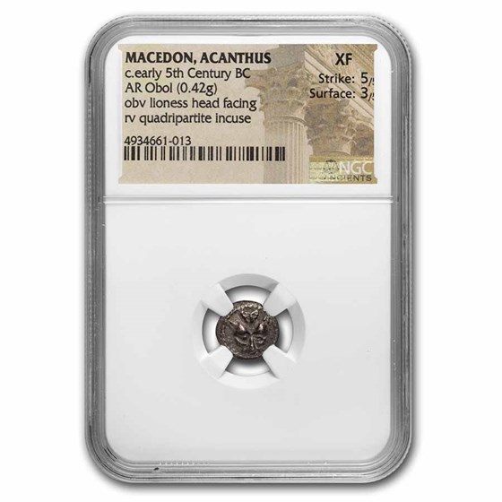 Macedon, Acanthus AR Hemiobol (c.5th century BC) XF NGC Macedon, Acanthus AR Hemiobol (c.5th century BC) XF NGC