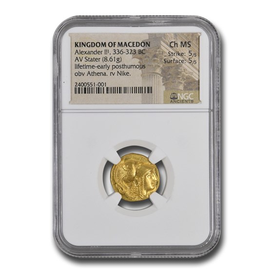 Macedon Gold Stater Alexander III (336-323 BC) Ch MS NGC (5/5) Macedon Gold Stater Alexander III (336-323 BC) Ch MS NGC (5/5)