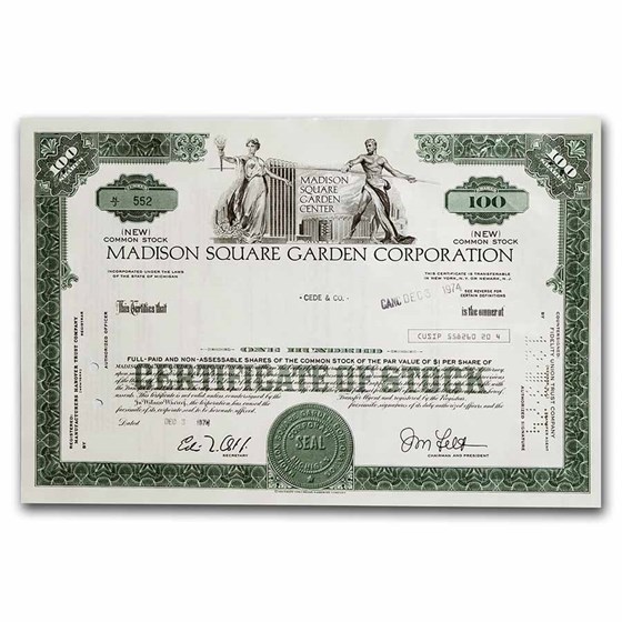 Madison Square Garden Corporation Stock Certificate