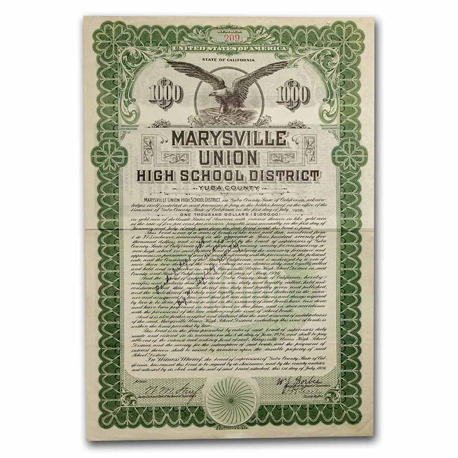 Marysville Union High School District Bond Certificate (Green)