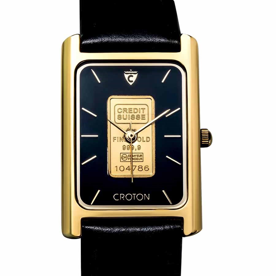 Men's 1 gram Gold Credit Suisse Grain Leather Band Watch (Black)