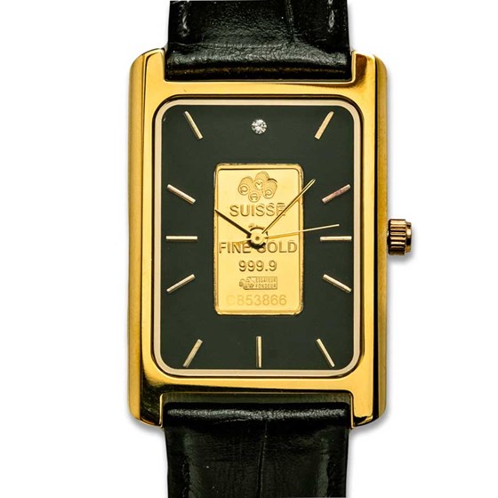 Men's 1 gram Gold Pamp Suisse Grain Leather Band Watch (Black) Men's 1 gram Gold Pamp Suisse Grain Leather Band Watch (Black)