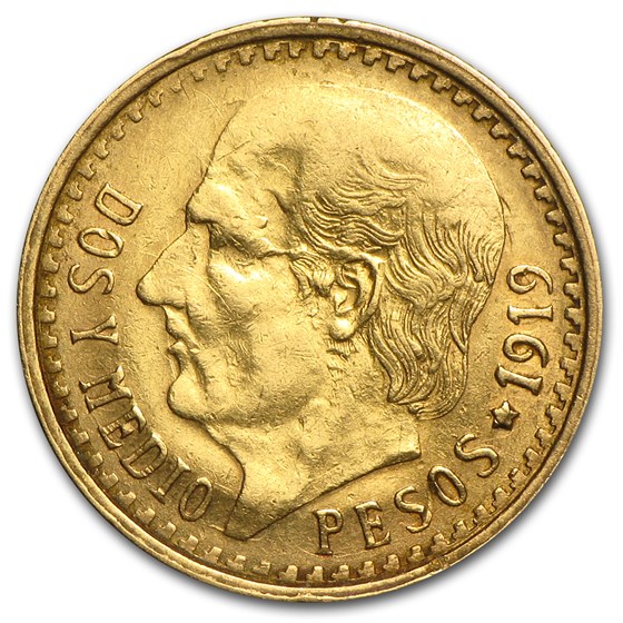 Mexico Gold 2 1/2 Pesos Hidalgo Avg Circ (Better Dates)