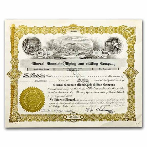 Mineral Mountain Mining and Milling Company Stock Certificate Mineral Mountain Mining and Milling Company Stock Certificate